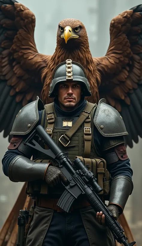 " A soldier from the United States ,  in uniform and with a machine gun in his hand , shows a determined look . The belt,  he carries a revolver and a knife ,  ready for action . Behind him, an imposing bodyguard :  a muscular and strong eagle ,  with wide...