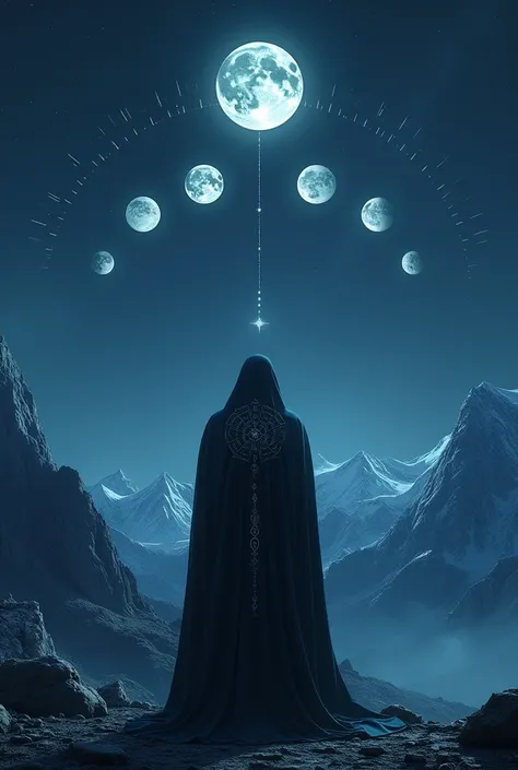 31 phases of moon  amidst mountains Arabian dark midnight and a male cloak  figure