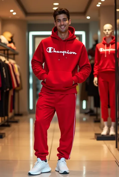 Create a realistic photo of a   with European features, wearing a bright red sporty tracksuit similar to the reference image. The outfit includes a cozy hoodie and matching pants, with the word Champion prominently written on the chest in a stylish, modern...