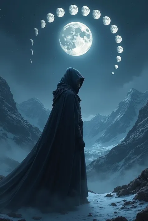 31 phases of moon amidst mountains midnight and a male cloak  figure