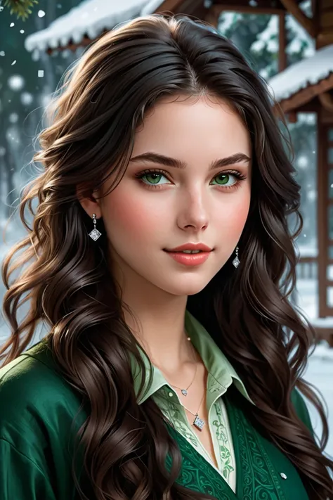 young girl about 20 years old noble origin with a small diamond-shaped face, round green eyes and thick slightly frizzy hair. dark hair., her color type is winter Appearance cold with pale skin.