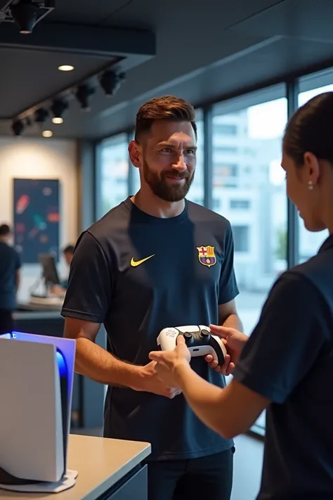 Messi buying his PS5 with a Nike blouse with an employee giving it to him