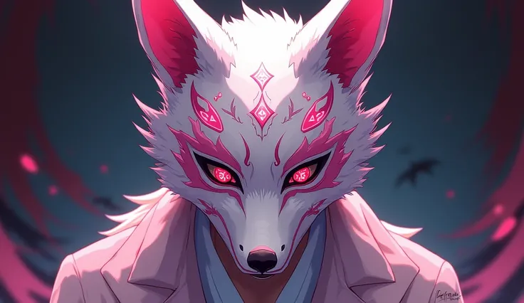 Anime man with a pink and white kitsune mask