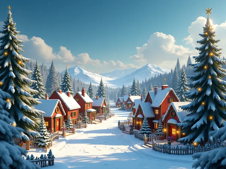  create a Christmas village with decorated houses and animated Christmas trees, bottomless and horizontally 