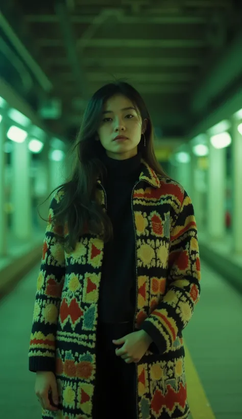 Professional Photography,  Wong Ka Wai movie lighting style ,  an Asian woman standing in the middle ， wearing a black sweater and a patterned colored jacket，Standing under the green light of a subway station ，带着Particles状的 Film Filters ， shot in the style...