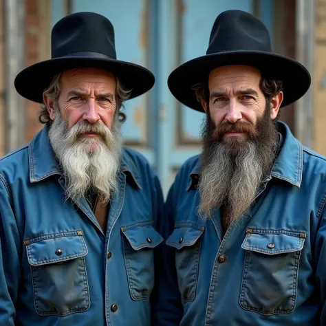 Réaliser une photo ultra réaliste (16k) de deux rabbins que lon voit de face avec leurs coiffures en papillotes et leurs schtreimel traditionnels, ils portent des blouses douvriers, They are blue and used