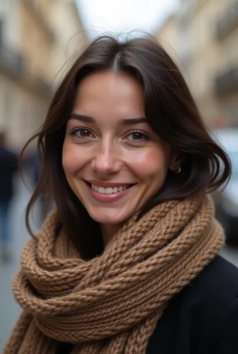 jeune femme , yeux foncé , corp entier , habiller old money , photo type selfie , réaliste , Ultra HD avec en fond la rue  , avec quelques imperfections de peau brunes , francaise, avec leger sourire , pas de flou 
