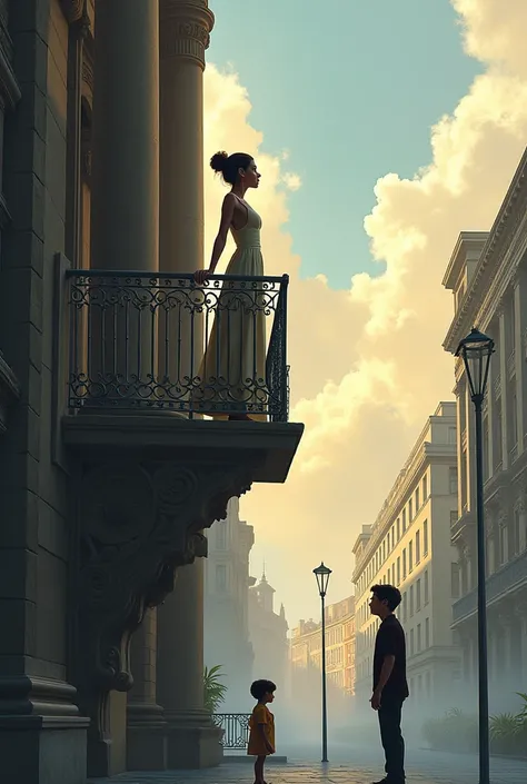 A woman standing in top of balcony of his buliding and in front of a building a boy was looking at them