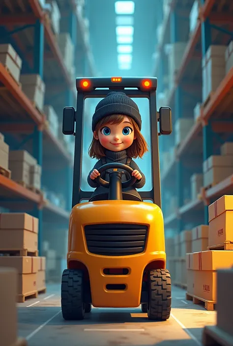 Cartoon of a blue-eyed girl in a dark black hat and gray winter coat on a forklift truck in a warehouse 