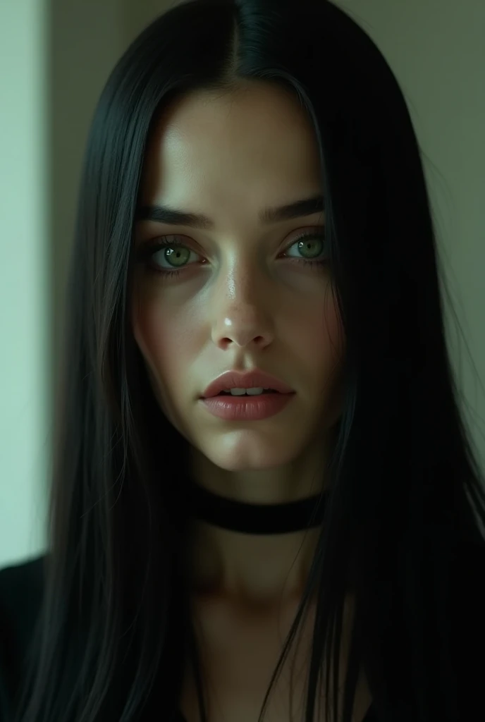 Woman with straight and long black hair,  green eyes, projected cheeks 