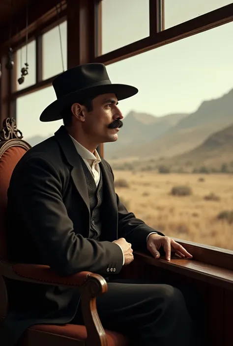 A man of a 1 .60 ctm tall with a hat and mustache, black moustache sitting in profile on a train set in 1885 in the United States