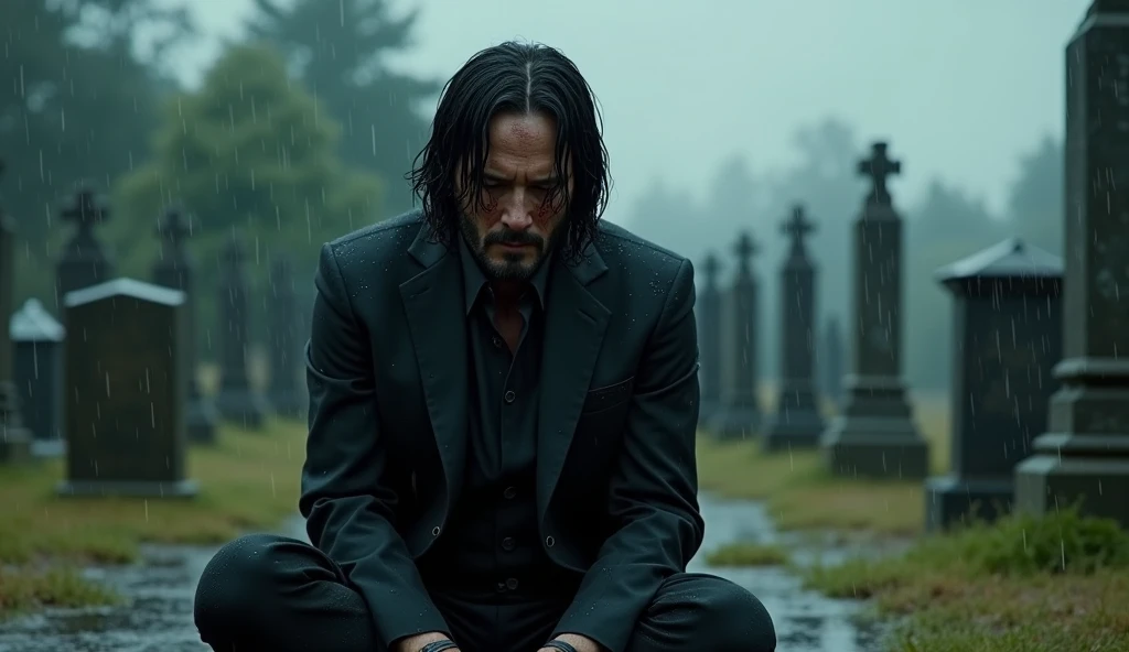 Injured Keanu Reeves as John wick knee diwn in the graveyard, rain drop falling in background