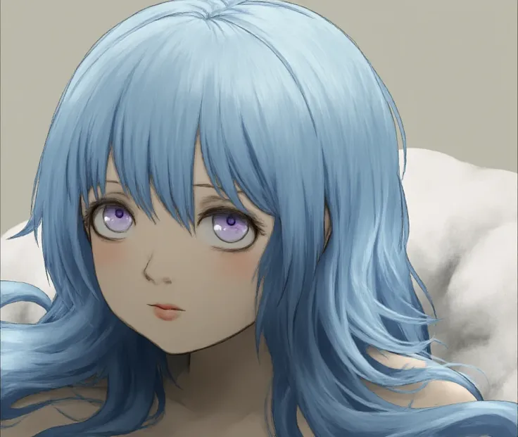 Girl with long blue hair, purple eyes, albino skin without clothes  