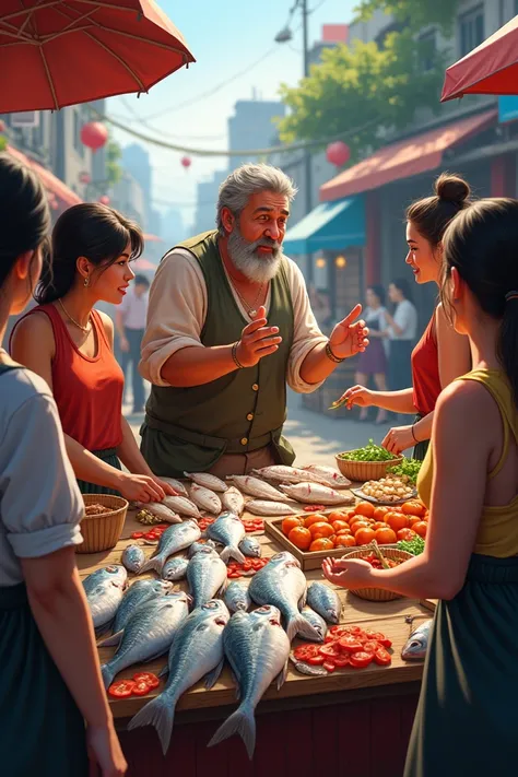 male fish seller surrounded by women