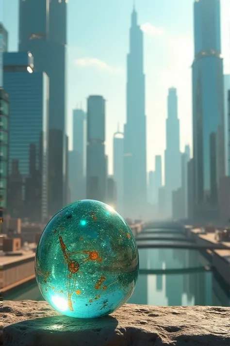 "A futuristic city skyline with gleaming glass buildings, alongside an ancient Egyptian glass bead, showing the contrast in glasss evolution."

