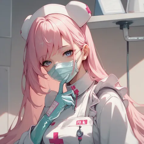  1girl, Shikimori Miyako  ((  extra long medical latex gloves)), (paramedical suit  ), (( long sleeves )),   long pink hair,  looks at the viewer  ,  duration, One,   medical mask  , medical apron  