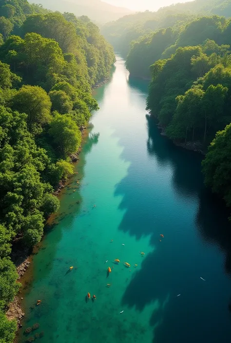 A river scene with deep and very clear river water in the equatorial rainforest, can clearly see the fish and the river bed in the water, in the background there is a forest scene on the left and right, it is daytime and some soft morning light; Recorded o...