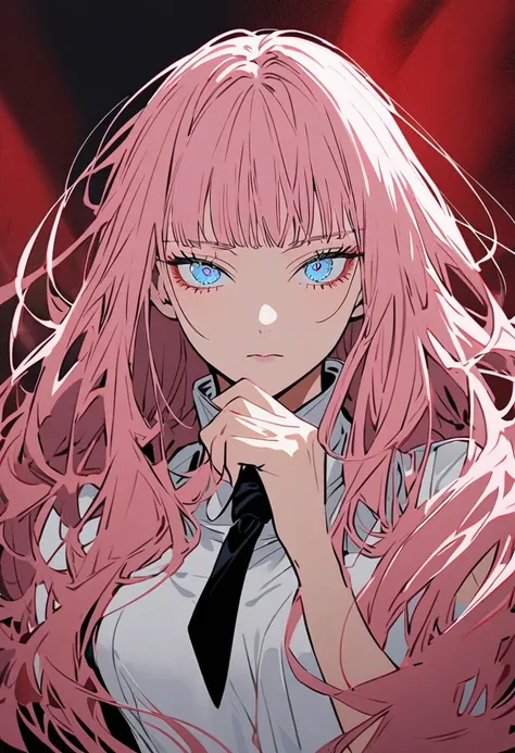  one beautiful girl in the style of Jujutsu Kaisen, Long Hair,  light pink hair ,  light blue eyes, A white blouse with a black tie ,( flat chested),  captivating gaze ,  puts hands on chin, dark red background  