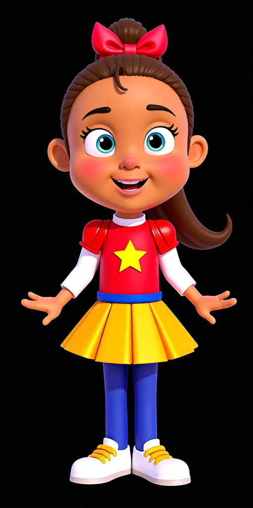 Ari, pj masks OCs, normal skin, ponytail hair, red Headbow, red Leather Shoulder Pads, red suit with star symbol, blue belt, Yellow skirt, white shoes with yellow laces