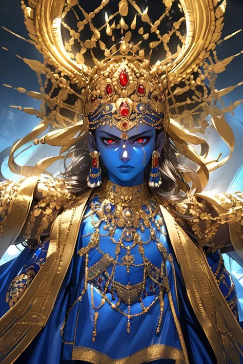 rey, high, strong,  in blue leather , Hindu clothing ,  large golden crown,  with 5 arms , red eyes,  with divine aura 