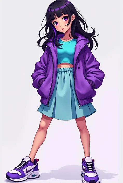 A teenage girl showing her full body 
A cyan croopet with an open purple jacket showing the croopet 
A light blue skirt 
Purple and white sneakers 
Purple eyes 
And long, loose black hair with purple highlights 