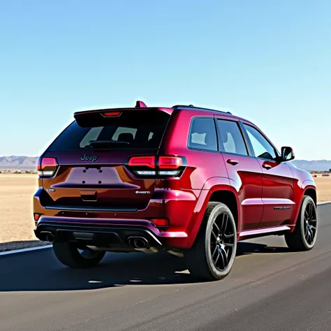 The 2018 Jeep Grand Cherokee Trackhaek stands in dark red on a US racetrack in a dry climate, clear blue sky back view