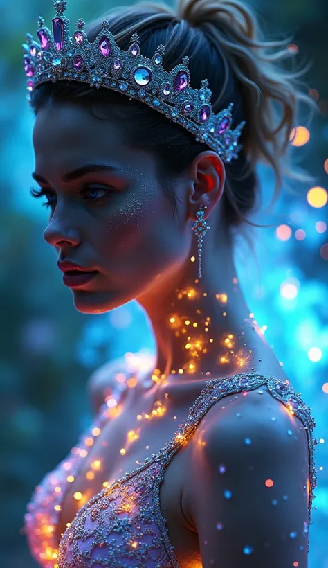 BlingBling,  motion blur ,  triangle ,  film-level lighting effects Fantastic jewel ornaments all over the crown  ,   intricate details ,  super realistic, diamonds, rubies, sapphires, emeralds, neck, arms, head, very intricate, full body bra,  like Megan ...