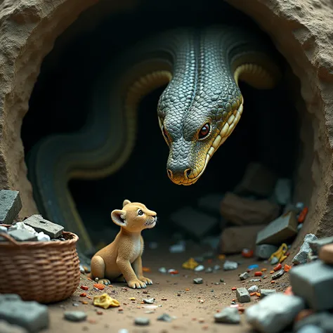 A snake is To much big coming out of its hole, looking at a lion cub. Around them, scattered garbage is lying, and there is also a basket is totally broken 💔 near the snake.
In HD higher Quality abs and realistic 

