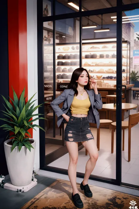 pretty young woman, walking, at cafe s enter, holding bag, (+forehead, black hair, long hair, half up half down), wearing black-gray long sleeves crop blazer, cream-yellow t-shirt, necklace, navy-blue denim ripped pencil mini skirt, black shoes, BREAK, (1g...