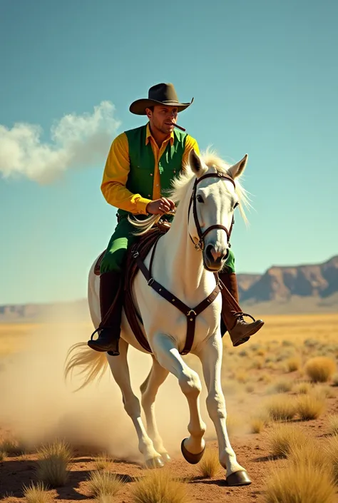  Create a color photo image  (Full character )  of a rider dressed in green and yellow on a white striped horse. The horse is galloping and smoking a cigar .  The scene takes place on the plains of the American West .