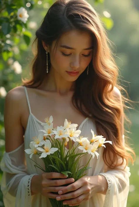 Beautiful woman with long brown hair demure picking flowers real ultra hd image