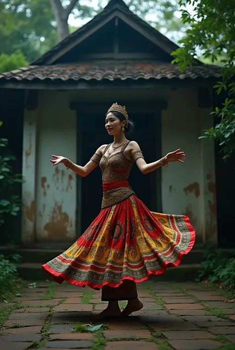 
Wide view photography ,  a beautiful Indonesian girl wearing traditional dress ,  performing a mystical traditional dance ,  background of old traditional house neglected mystical aura at night