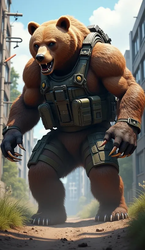 Create an ultra realistic image --ar 9:16 of the "Fusion" of the character "Maxim" from "Free Fire", dressed in all the characteristics of the game, with an armed "Grizzly Bear". The scene takes place in the game environment. --ar 9:16 --q 2.