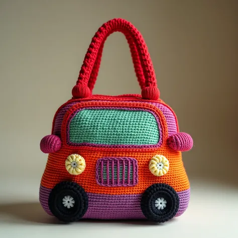 Nice bag design crochet with wool car beam design on bag on shoulder wear and separate design red,green,orange,pink, purple,blue color full view pic full zoom out 