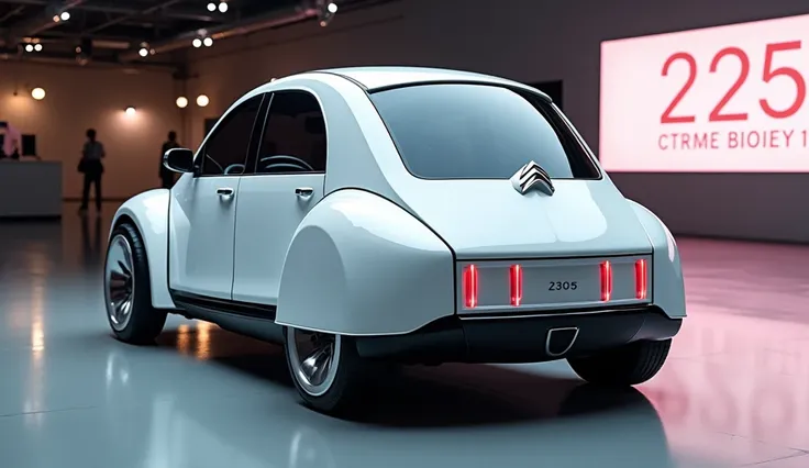 Realistic of futuristic 2025 citroen 2cv With modification, good looking, neat white color, back side angle view, parked inside a showroom big heading in bageround 