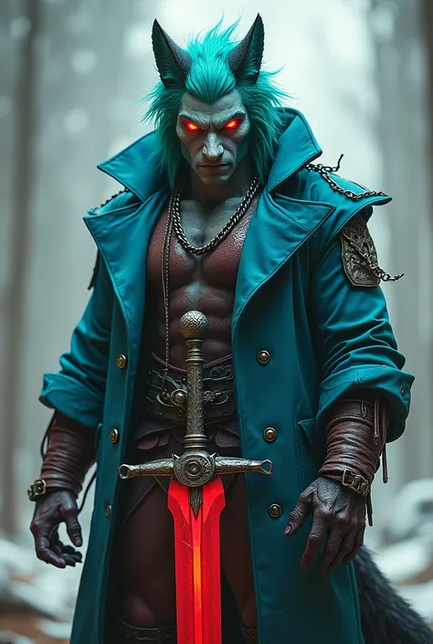 man, High,  turquoise hair ,  red eyes, bright eyes, blue jacket, Red Sword, ,  chain on the sword handle. WOLF EARS, wolf tail, the lower legs of the goat 