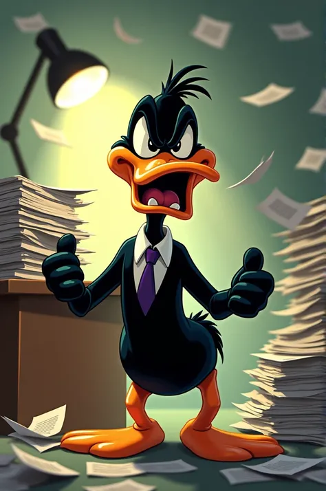  Generate an image of Daffy with an expression of despair ,  surrounded by piles of documents and letters of complaint. The setting is a chaotic office ,  with flying papers and a flashing lamp .  Daffy Duck is wearing a crooked tie ,  and his beak is open...