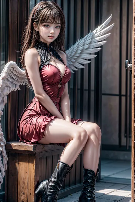 、 (beautiful girl)、(long angel wings:1.3)、 pink gothic dress 、cute、smile、 long skirt、 black long boots 、