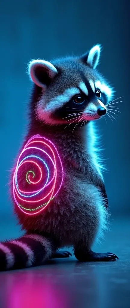 A captivating photograph of a cute extra fluffy baby realistic raccoon with vibrant, neon-colored, and intricate patterns on its back. The raccoon is portrayed in a side profile, with its gaze directed forward. The patterns on its back are reminiscent of g...