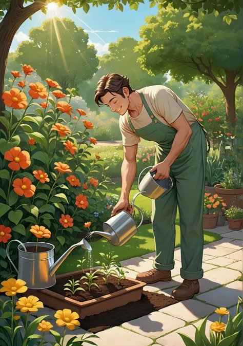 "An 8K resolution, highly detailed, cartoon-style illustration of a man watering a seed every day in a peaceful garden. The man is depicted with a gentle smile, wearing casual gardening clothes, bending over to water a small seedling with a watering can. T...