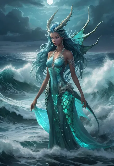 A breathtaking Sea Dragon Queen in her humanoid form, standing amidst crashing ocean waves under a moonlit sky. Her sleek, aquamarine scales glisten like gemstones, seamlessly blending with a flowing gown made of liquid-like silk that mimics the ebb and fl...