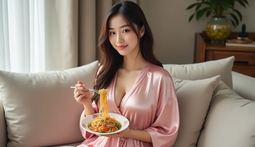 a beautiful indo-chinese woman sits in a sofa eating noodle, she wearing satin lace pink glossy robe sleepwear dress