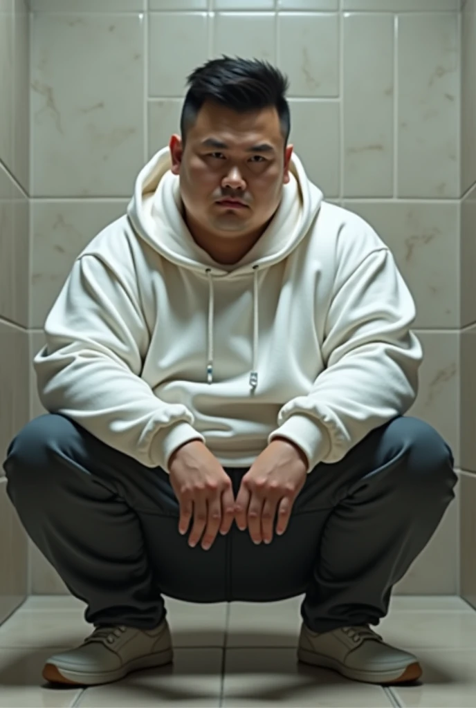  25 year old fat Asian European man wearing a white hoodie,squatting in the toilet 