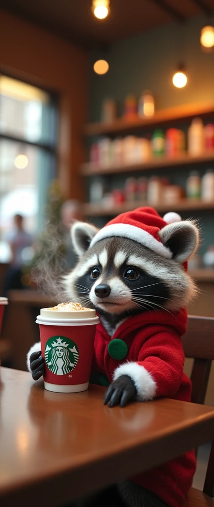 A photo of a cute, extra fluffy baby raccoon sitting at a table in a Starbucks cafe. The raccoon is wearing a red and white Christmas outfit and is holding a Starbucks cup filled with a beverage. The cafes interior is warmly lit, with a counter displaying ...