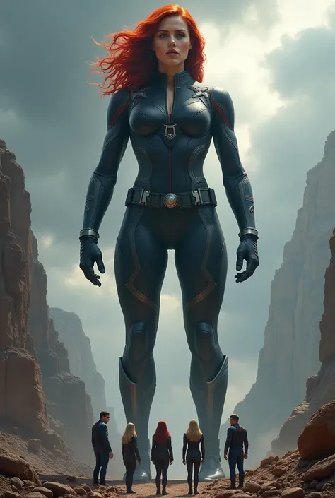 create Marvel black widow as giant like mountain protecting avengers