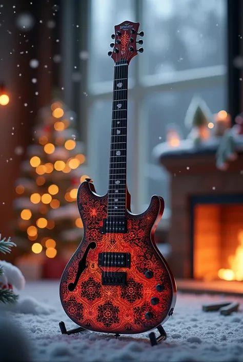 An electric guitar with a design representing the month of December