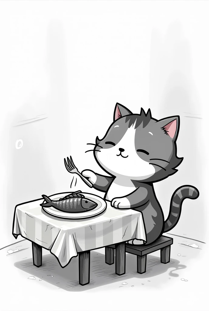 A charming black-and-white cartoon cat sitting at a small table with a plate of fish and a fork in one paw. The cat has an eager expression, with its whiskers slightly raised as it prepares to take a bite. The setting is cozy, with a simple checkered table...