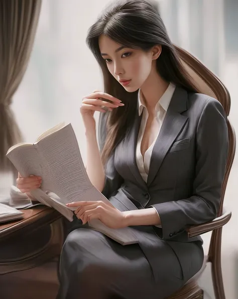 there is a asian lady beautiful model sitting on a chair reading a book, girl in a suit elegant, realistic real life, beautiful digital illustration, in the art style of bowater, elegant study, business woman