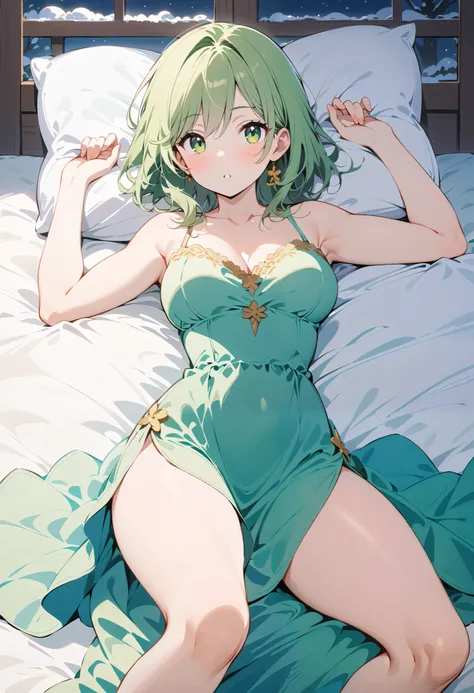 1 girl at home, full body portrait,Green Hair, green eyes, lying in bed ,night, Green Dress ,Show your thighs and calves, showing arms , snow-white skin,Mature charm