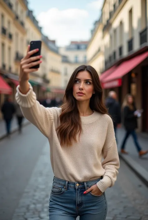 (Aesthetics and atmosphere:1.2) femme type francaise , se prennant en selfie , behind a beautiful district of Paris , brune yeux marron , avec un pull fin et un jean 